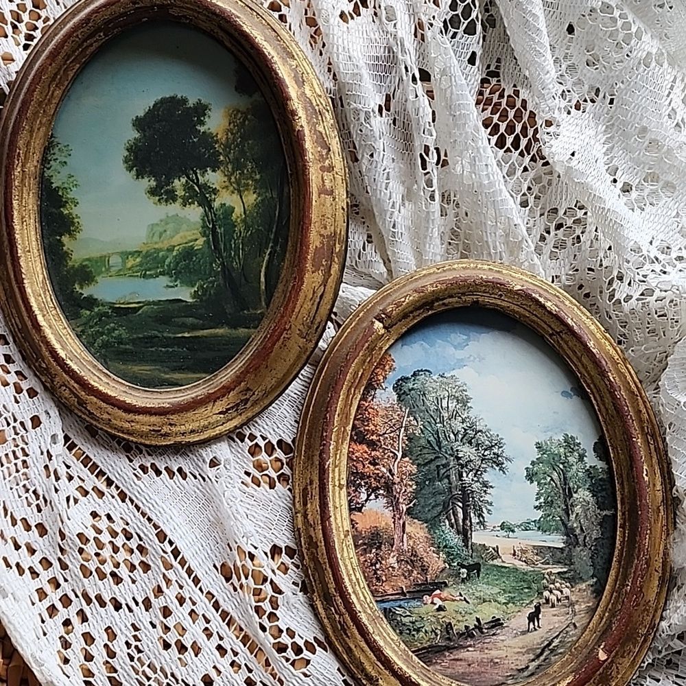 Italy Vintage Nashco Oval Wooden Framed Scenery Brushed Gold